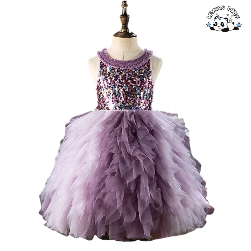 LEZONKIDS - Vestido de Princesa Sequado Personalizado para Crianças sem Mangas com Bloco de Cores em Tule